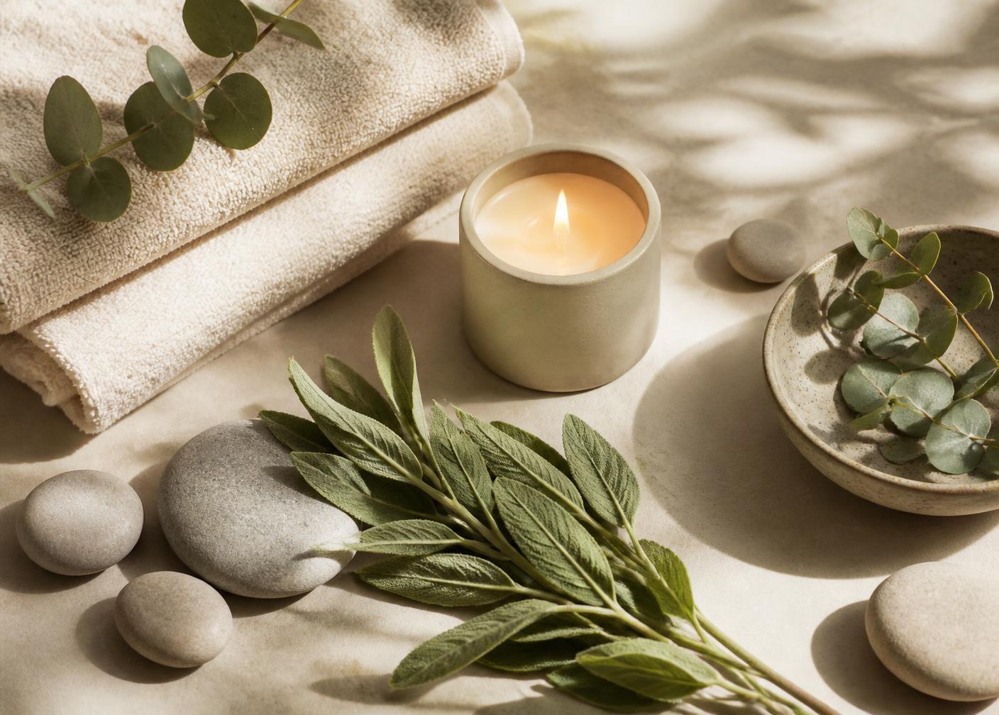 Ambiance apaisante : serviettes, galets, bougie et eucalyptus