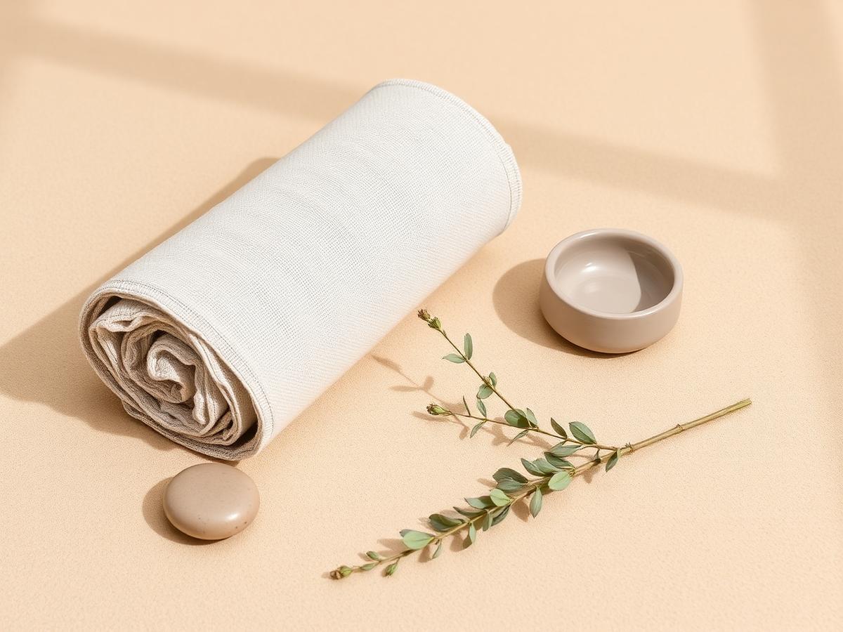 Ambiance apaisante : linge roulé, galet et branche d'eucalyptus sur fond sable